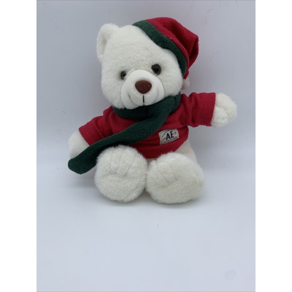 Vtg American Eagle White Teddy Bear Plush Hat Scarf 11"  Stuffed Animal Fleece